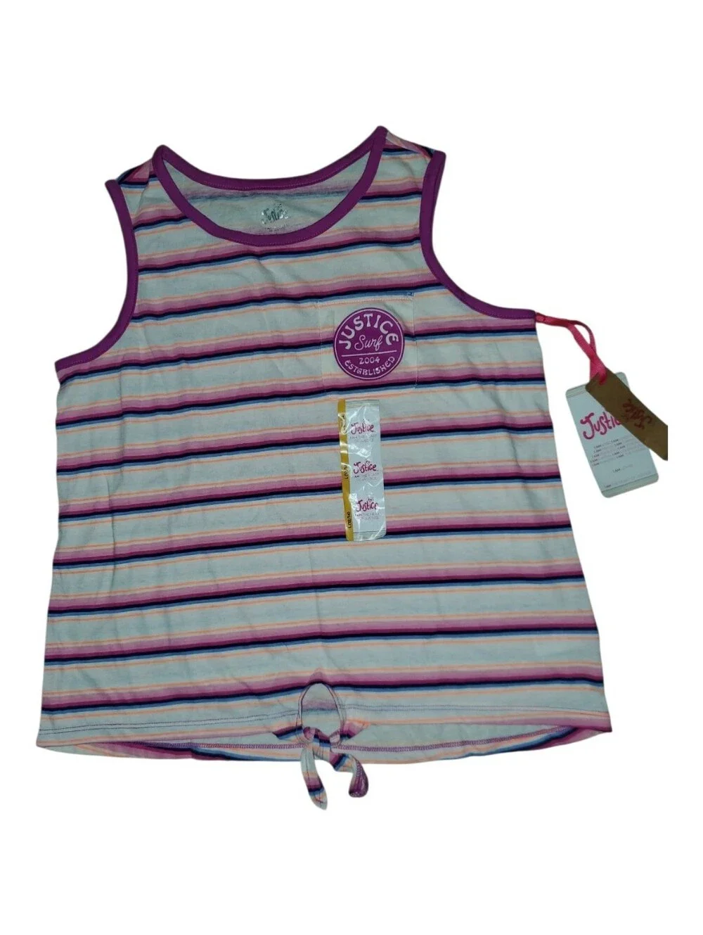 Justice Girls Graphic Tank Striped Tie-Front Tank Top Purple/Pink NWT